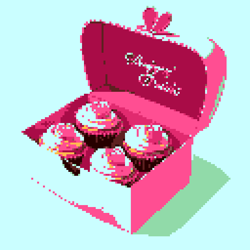 Box of Valentine's Day chocolates, specifically shaped like cupcakes with intricate details such as pink frosting and decorative toppings. Charming and romantic theme. The cupcakes within the box should exhibit a variety of delightful designs, no background, pixel art.