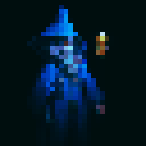 wizard with blue robes, blue wizard hat, brown staff, golden necklace with sun pendant, fantasy RPG