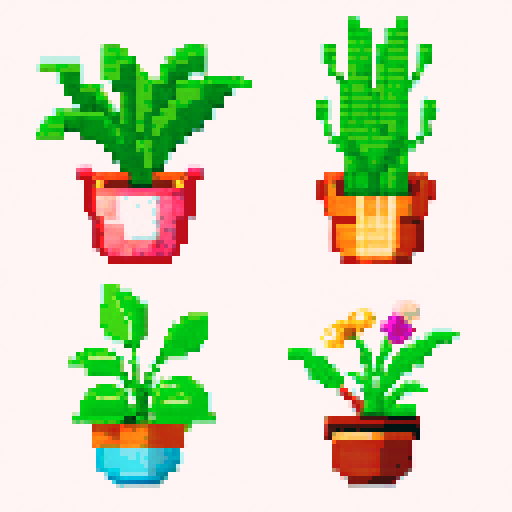 cross stitch indoor plants pixel art style kawaii cute japanese 