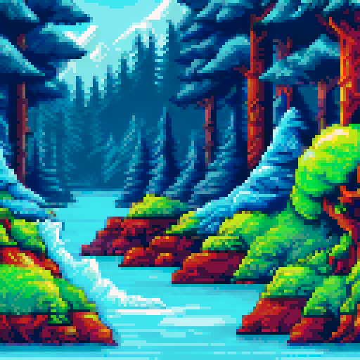 Frozen mountains looming behind a crystal-clear river, icy pine trees swaying in the wind, a small hero standing at the edge of the water, ready to jump into the unknown