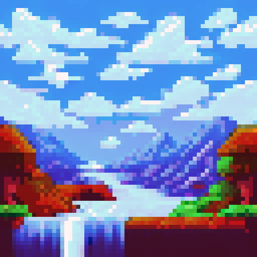 8-bit winter background with lots of sky with colour #29B5E8. Mountains, trees and snow.