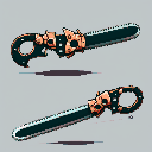 I want a copper structure reminiscent of an magical chainsaw. It should have strange mechanical details that could interlock with other pieces. I also want this object usable an asset in a videogame, meaning only one object per image, outlined with a strong black stroke, on a solid-color background.