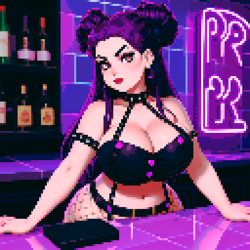 Thicc, curvy, busty goth babe with studded collar, long purple hair in buns, halter top, fishnet stockings, working as a bartender, neon signage, modern tile, pixel art, sRGB
