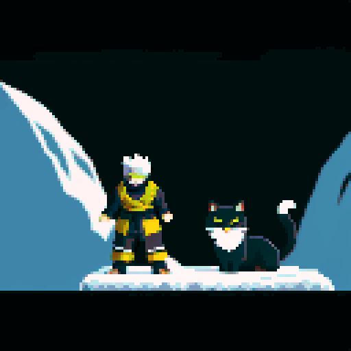 Hatake Kakashi with a black cat with yellow eyes on his shoulders in the himalayas