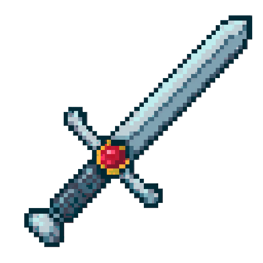 A sword with an embedded ruby and a steel handle, laid diagonally, with transparent background