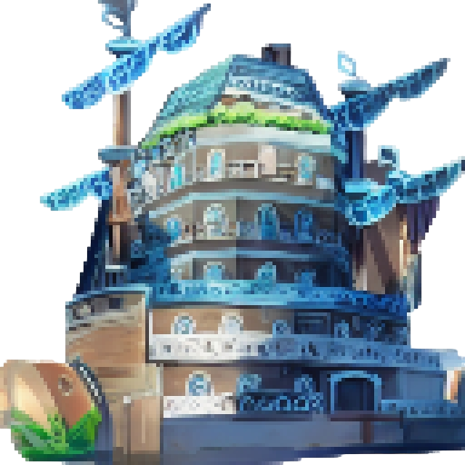 floating ship with water flowing down like a waterfall and steam, 10 stories tall, with blue colors and light  green details