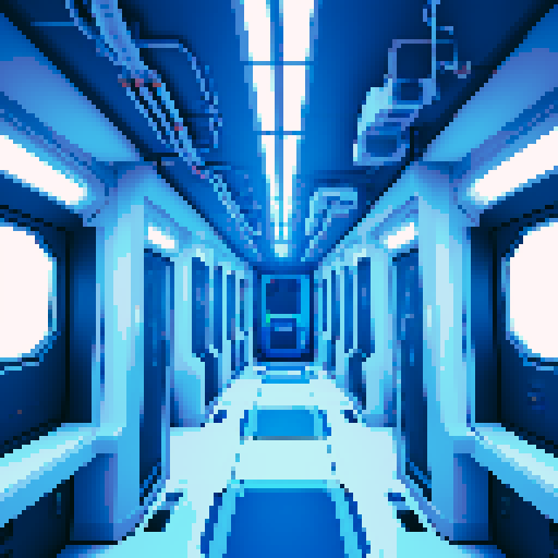 Spaceship interior hallway with computers and wiring in the walls. Topdown style