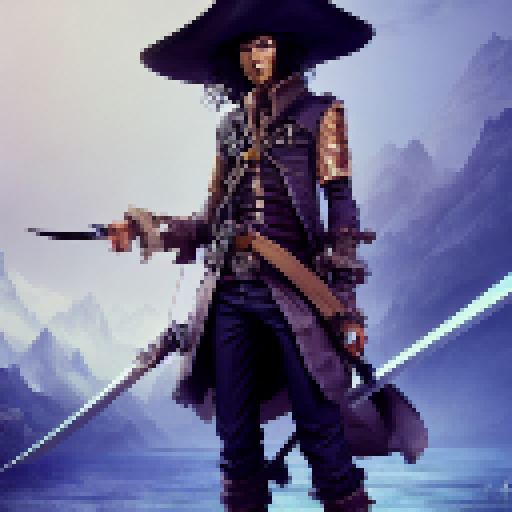 Black-haired pirate with a straw hat and katana, as if straight from a manga, sets sail on a fantasy RPG adventure.