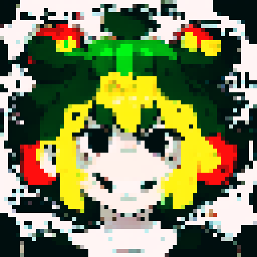 Curly-haired, freckled troublemaker with a sly grin, staring straight ahead with bright green eyes, in a retro video game style, 16x16 pixels, close up portrait