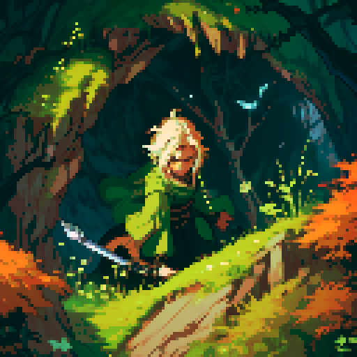 character, cave overgrown with leafs and trees, spiders, sword, sRGB, pixel art