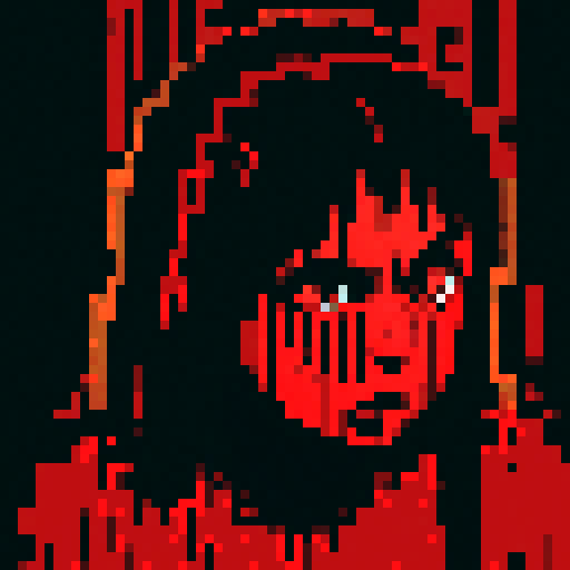 blood splatters, pixelated gore, vibrant red hues, jagged edges, detailed carnage, distressed pixels, dark and macabre, horror in 8-bit, low resolution brutality, intense violence, twisted and distorted, gory masterpiece, graphic and shocking, retro gore, pixelated horror, sRGB color palette, gruesome scenes, intense pixelation