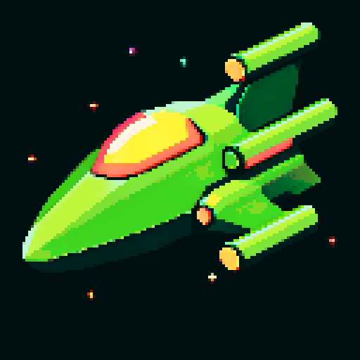 Green spaceship, retro,  low resolution, vibrant colors, geometric shapes, angular design, glowing thrusters, metallic finish, glossy surface, starry background, cosmic atmosphere, sci-fi aesthetic, futuristic, extraterrestrial, otherworldly, nostalgic, video game-inspired