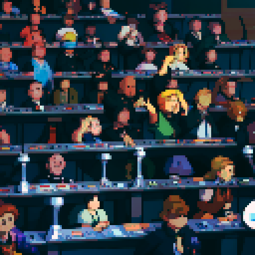 Wide shot of delegates arguing inside of German Federal Parliament, live TV coverage, vibrant colors, pixelated details, retro video game aesthetic, animated pixel art, intricate pixel patterns, dynamic lighting, immersive atmosphere, animated gestures, traditional German clothing, historical significance