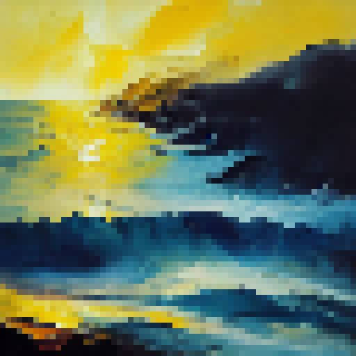 Oil paint, waves and the sun, which is not fully understood, should be the most dominant color, yellow should be the second dominant color, and the remaining colors should be warm colors but contrasting colors should be added.