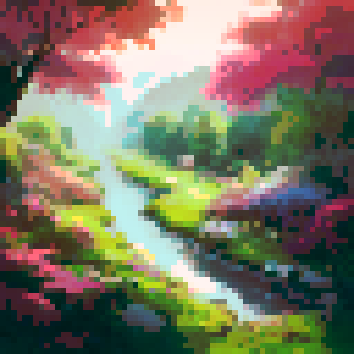 cottage nestled among lush greenery, serene river flowing gently, vibrant flowers blooming, towering trees surrounding, picturesque landscape portrait