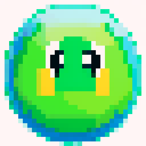 simple amorphous blob, glossy semi-transparent green body, big round eyes, goofy smile, small bubbles, pixel art, sRGB