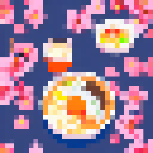 Chibi boy with oversized head, rosy cheeks, and big eyes holding a steaming bowl of ramen in a bustling, neon-lit Tokyo street corner with towering skyscrapers and cherry blossom trees in full bloom, all rendered in vibrant anime style.