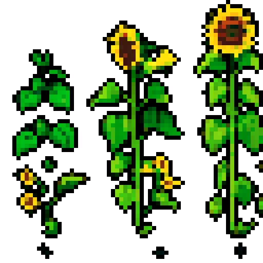 sunflower, vibrant yellow petals, simple pixel art, sRGB color palette, delicate green leaves, transparent background 4 stages of growth