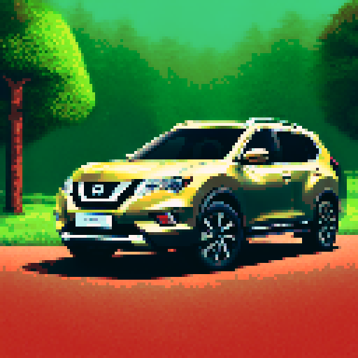 Photorealistic whole Nissan X-Trail, three-quarter view, right front wheel, clean background, sRGB colors, pixel art style

