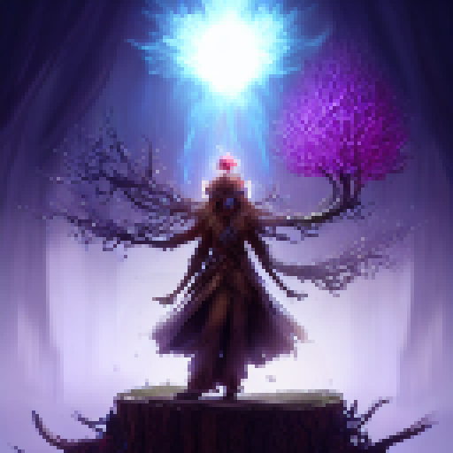 A mystical druid, surrounded by glowing mushrooms and a wispy fog, stands atop a tree stump in a dense forest, communing with a majestic deer spirit.