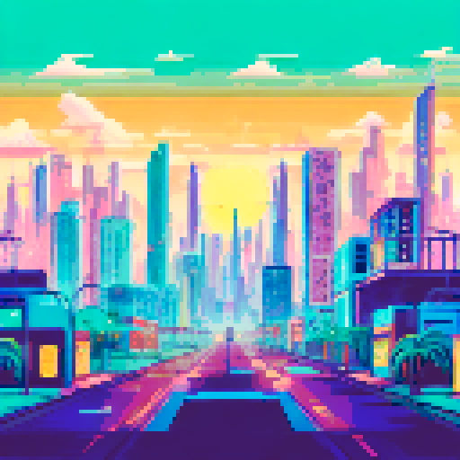 Sun-kissed palm trees towering over a pastel-colored Miami skyline, dotted with neon-lit high rises and art deco architecture