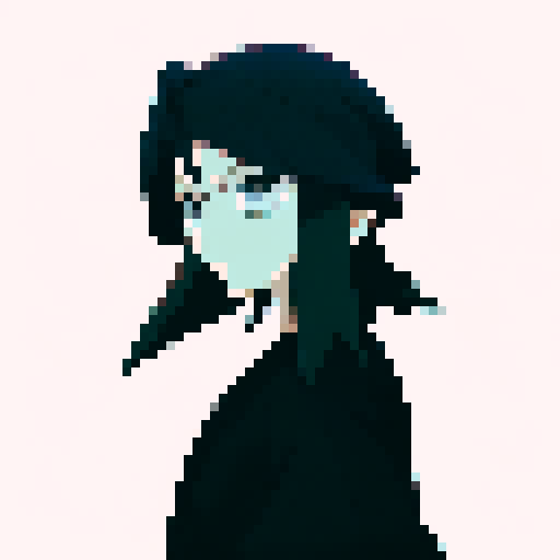 White-haired Rukia Kuchiki, donning her black Shinigami robe, stands amidst a snowy landscape, her zanpakuto glistening under the moonlit sky