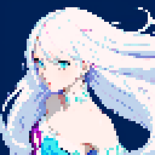 anime, pixel art, sRGB, girl with mesmerizing white hair, vibrant and contrasting colors, delicate and intricate details, expressive eyes, dynamic pose and flowing hair, whimsical and dreamlike atmosphere
