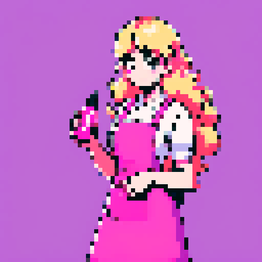 girl with long, wavy, blonde hair, pink apron, holding nail polish bottle, pixel art, sRGB