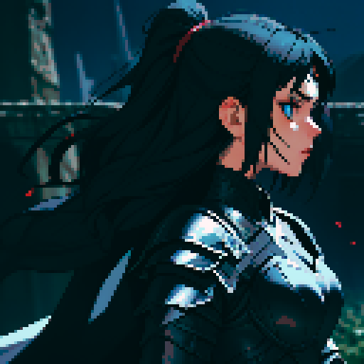 black armor, giant sword, long black hair, sexy, dark knight
