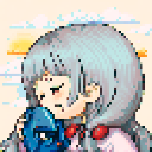 1giri with gray hair, twin tails, hugging a fish in a pixel art landscape with a colorful sRGB background