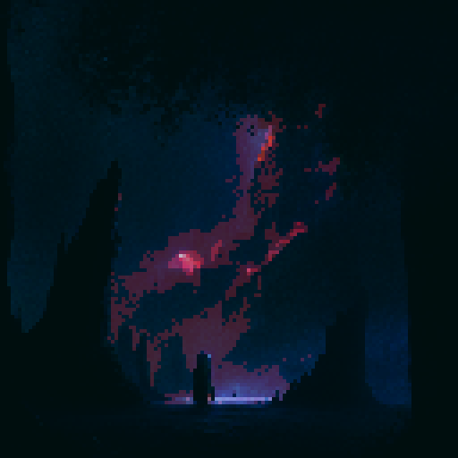 lonely, melancholic pokemon in a mystical, enchanted forest with vibrant, glowing flora and ancient ruins surrounded by misty, ethereal mountains