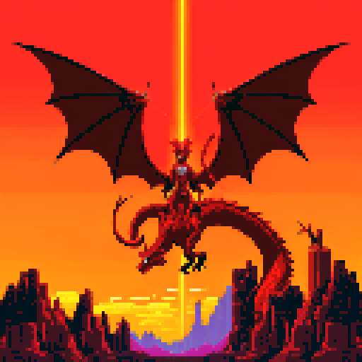 A rock guitarist riding a dragon, flying through a fiery sky above a futuristic city, brandishing his guitar like a sword