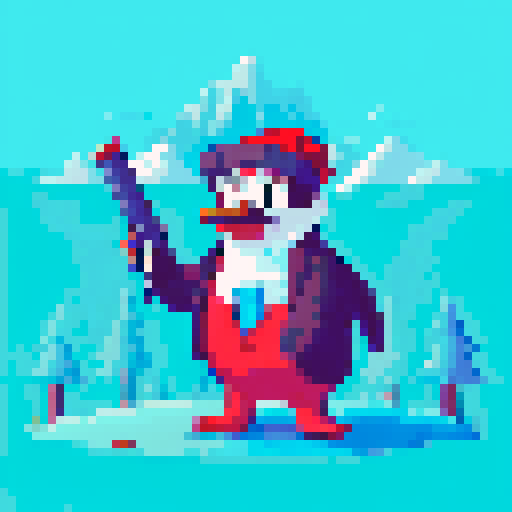 Neon green scarf, polka dot bowtie, red beret, and monocle-wearing penguins slide and waddle through a snowy sRGB landscape, surrounded by charming pixel art trees and mountains