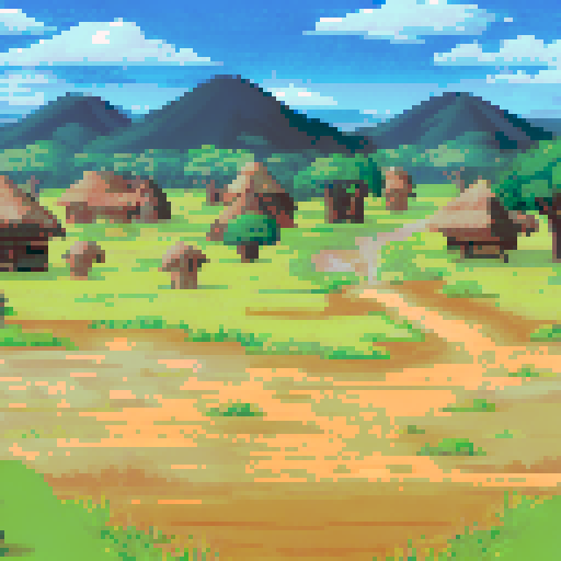 African village view with some forest and a blank foreground