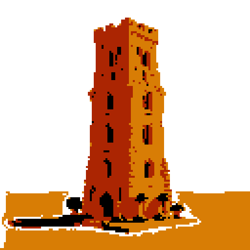 2d Red clay tower in an ancient english style. Old and crumbling but still upright. Usable as an asset (clear, thick lines and a white background). Put a black stroke around the composition