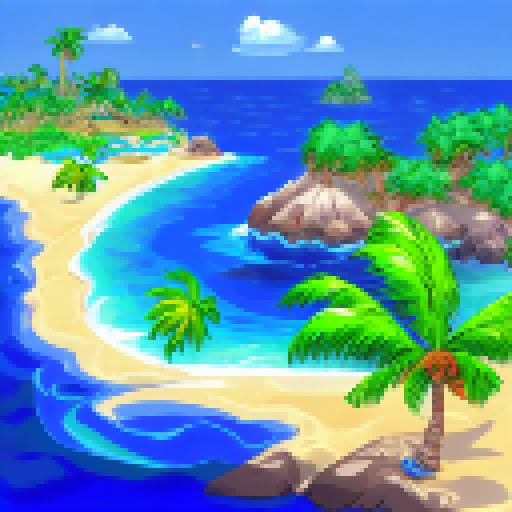 A beach with palm trees in the Caribean, looking out to the ocean, pixel art, in the style of Monkey Island 2 background art