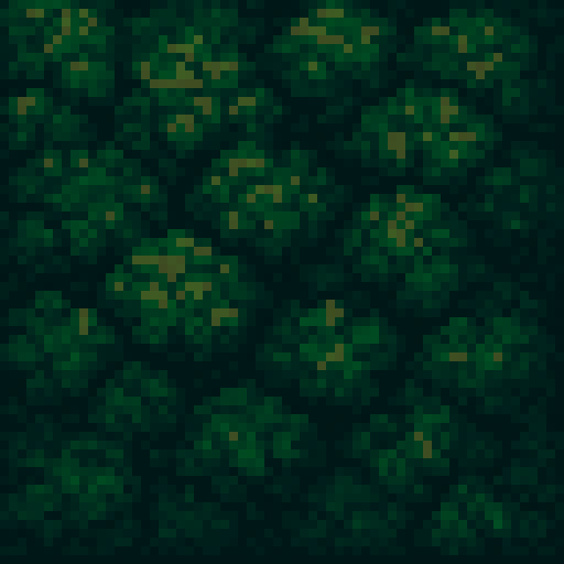 dense forest canopy, dark green treetops, shadowed patches, seamless edges, isometric 2D pixel art tile, 32x32 pixels, sRGB, pixel art