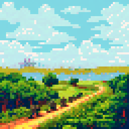 Ukrainian soldiers, victorious and proud, march through a lush, rolling countryside towards a pixelated skyline of Kiev in the background, with the bright blue sRGB sky overhead