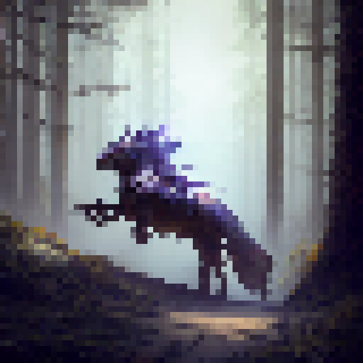 An armored knight on a majestic horse, charging towards a towering dragon with shimmering scales and glowing eyes, amidst a misty forest with twisted trees and glowing mushrooms.