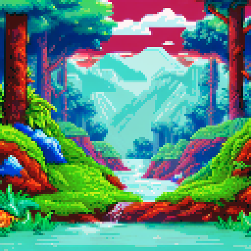 Winterly jungle with towering evergreen trees, snow-covered ground, a frozen river winding through, and a small cabin tucked amidst the icy landscape, all depicted in sRGB pixel art