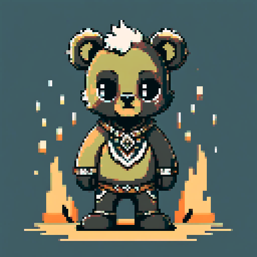 Create a detailed pixel art illustration of an anthropomorphic bear. chibi, piercing, and a grim expression. Its fur is marked with intricate tribal tattoos. Set the scene in a dark, atmospheric environment with a large, ominous sun or moon in the background, and swirling clouds. The color palette should consist of dark earth tones with accents of gray and white, capturing a moody and mysterious vibe. hd quality --ar 2:3 --v 6.0 niji