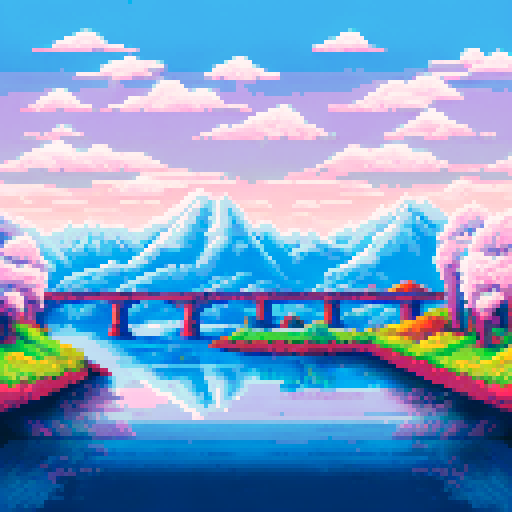 Vibrant cherry blossom tree, snow-capped mountains, rolling golden wheat fields, tranquil lakeside sunset, sRGB, pixel art, background, landscape, all in 4 squares 