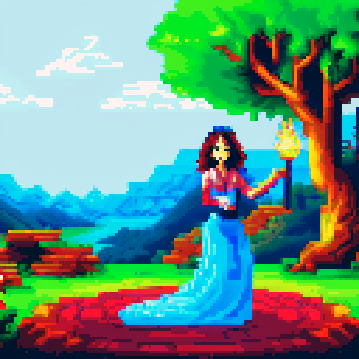 Andalusian gypsy girl, Candela, swirling in a pixel art flamenco dress as she dances the Ritual Fire Dance with her ghostly husband, surrounded by a vibrant sRGB campfire circle