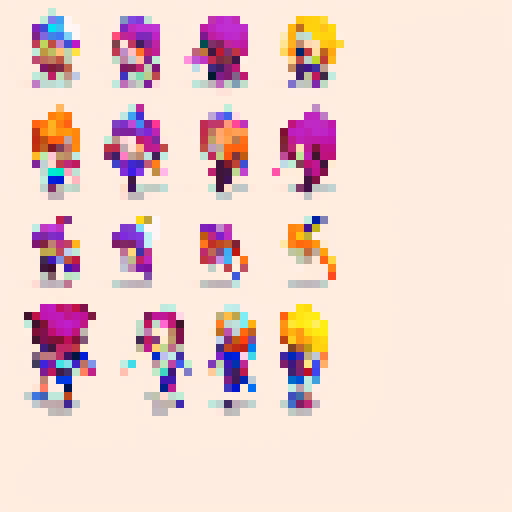 Animation character sheet, cute and vibrant protagonist, with big expressive eyes, flowing and bouncy pixel art hair, wearing a colorful and dynamic pixel art outfit, in a lively and energetic pixel art environment, surrounded by whimsical creatures and challenging platforming obstacles