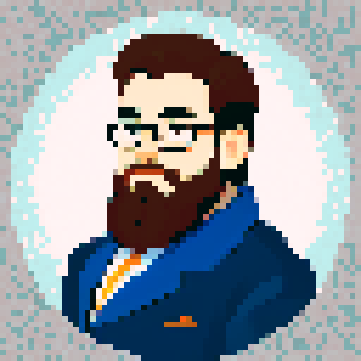 full portrait of a young, bespectacled, bearded man, who works for Amazon in Germany