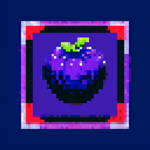 blueberry art frame, purple, pixelated fruits in vibrant colors, void inside, dark background, sRGB