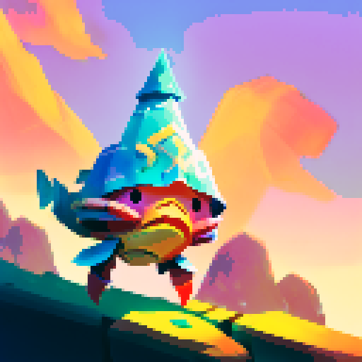 Orange-shelled crab magician with a tall cone hat, standing on a rocky beach during sunset with waves crashing behind