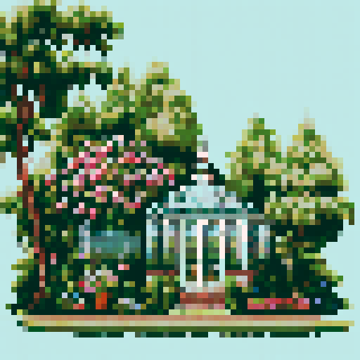 a victorian conservatory greenhouse in a cottage garden cottagecore style cross stitch pattern