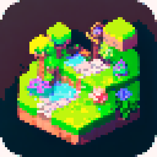 Bushy-bearded programmer furiously typing at desk with black-and-white cat lounging atop computer tower amidst a retro game-style, pixelated landscape with vibrant sRGB colors