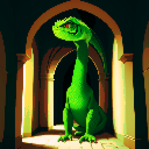 a live green basilisk in a castle hallway
